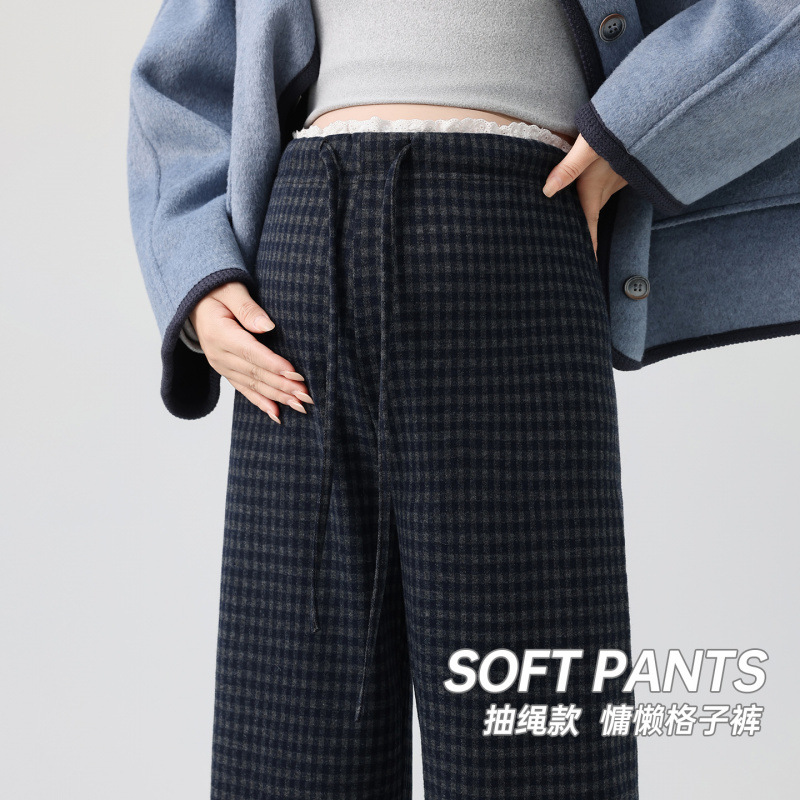 Maternity Pants Spring New Style Thickened Lace Drawstring Waist Plaid Straight Pants Korean Style Loose Casual Wide-Leg Pants