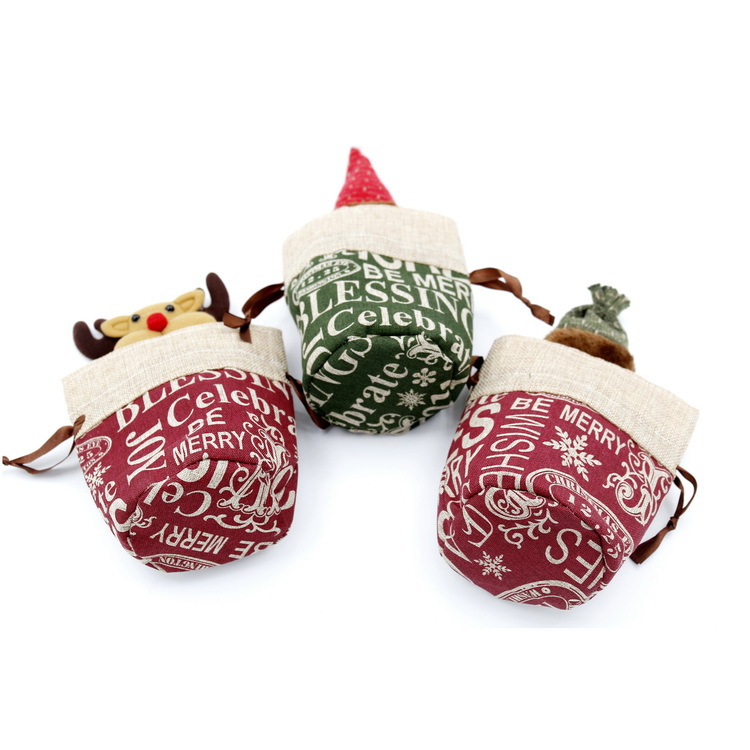 Nueva Navidad decoraciones Lino inglés cordón Apple bolsa niños dibujos animados viejo muñeco de nieve ciervos caramelo bolsa de regalo