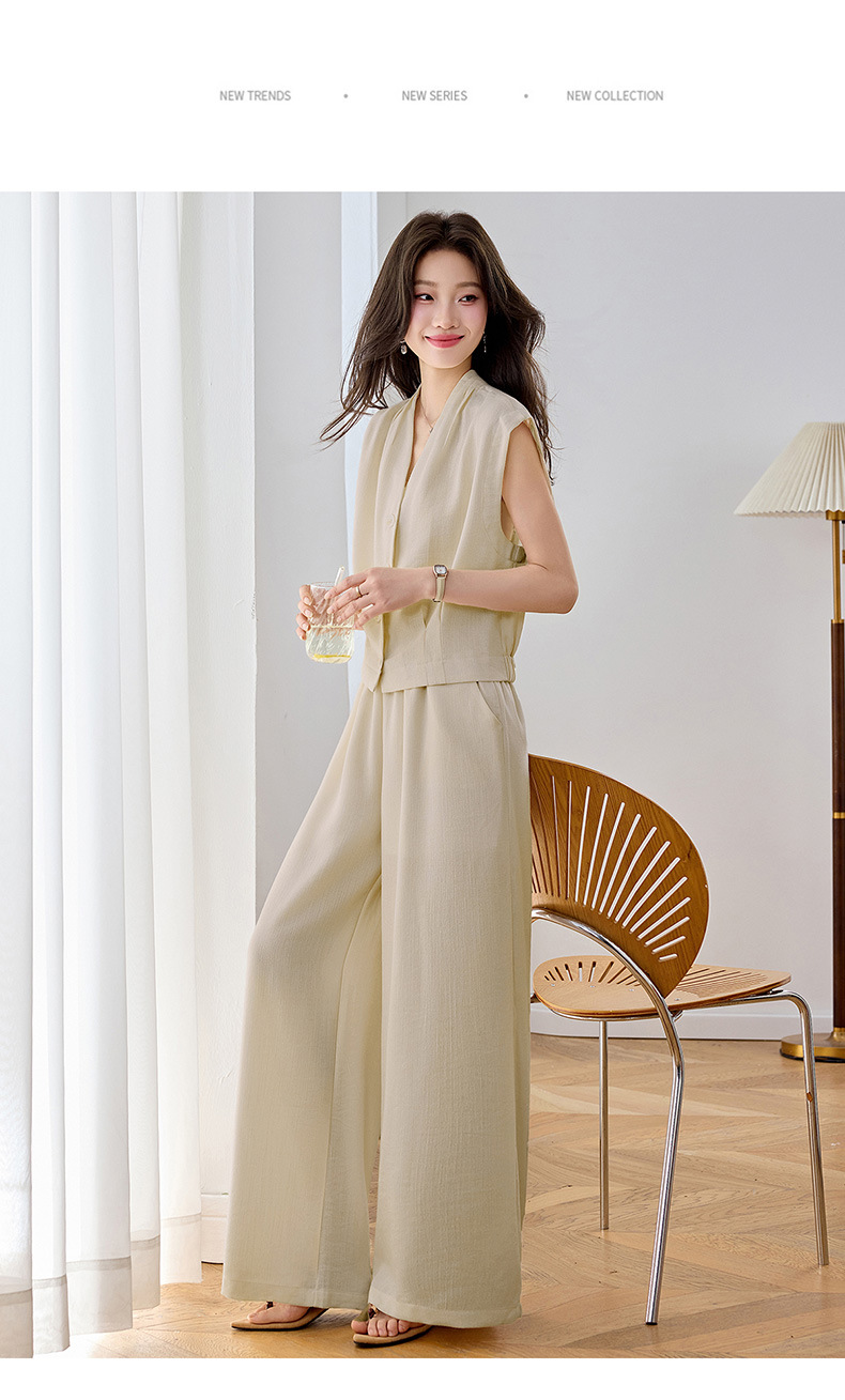 Bộ vest nữ hai dây phối quần ống rộng — màu kaki, màu trắng ngà, màu cà phê chi tiết 29