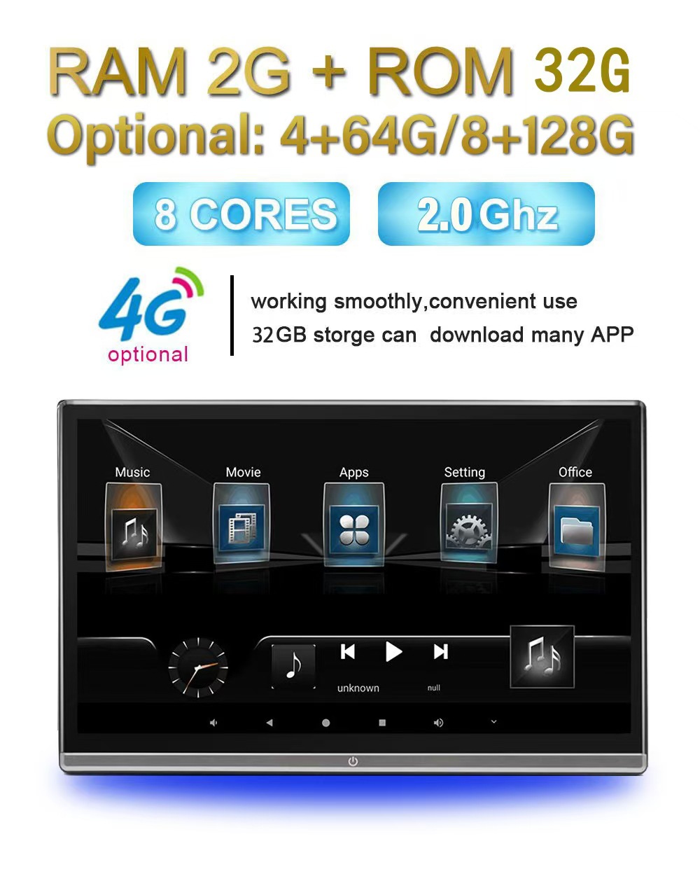 11.6 inch rear seat entertainment car IPS full touch 4K display Android headrest monitor wireless wifi