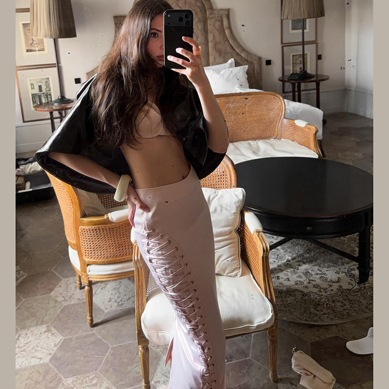 French-style pure desire satin cross-tie fishtail skirt, high-waisted, side-tie, slit, slimming, bodycon long skirt for women French-style pure desire satin cross-tie fishtail skirt, high-waisted, side-tie, slit, slimming, bodycon long skirt for women