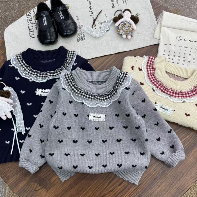 Autumn and Winter Girls' Lace Round Neck Korean Style Love Polka Dot Sweater Western Style Sweater Autumn and Winter Girls' Lace Round Neck Korean Style Love Polka Dot Sweater Western Style Sweater