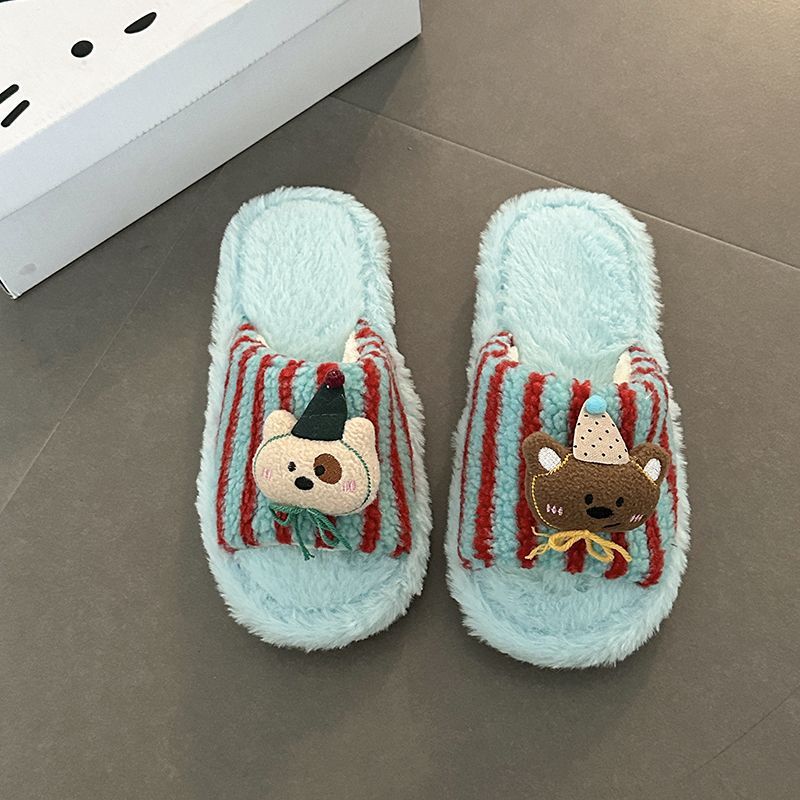 Moda versátil estilo retro lindas zapatillas de pelo de oso damas 2026 otoño y invierno nuevas zapatillas de algodón de peluche a rayas image 8
