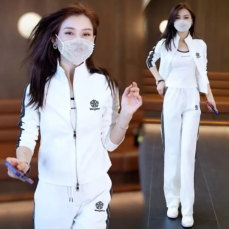 플러스 사이즈 레저 스포츠 세트 여성 2024 년 봄과 가을 새로운 패션 올 매치 에이지 감소 스웨트 셔츠 와이드 레그 스웨트 팬츠 투피스 세트