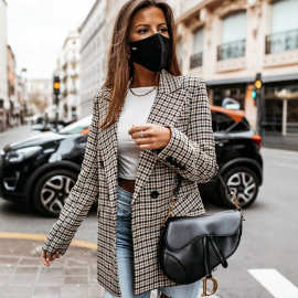 秋季新款女装欧美风显瘦格子小西装长袖外套西装领直筒街头上衣