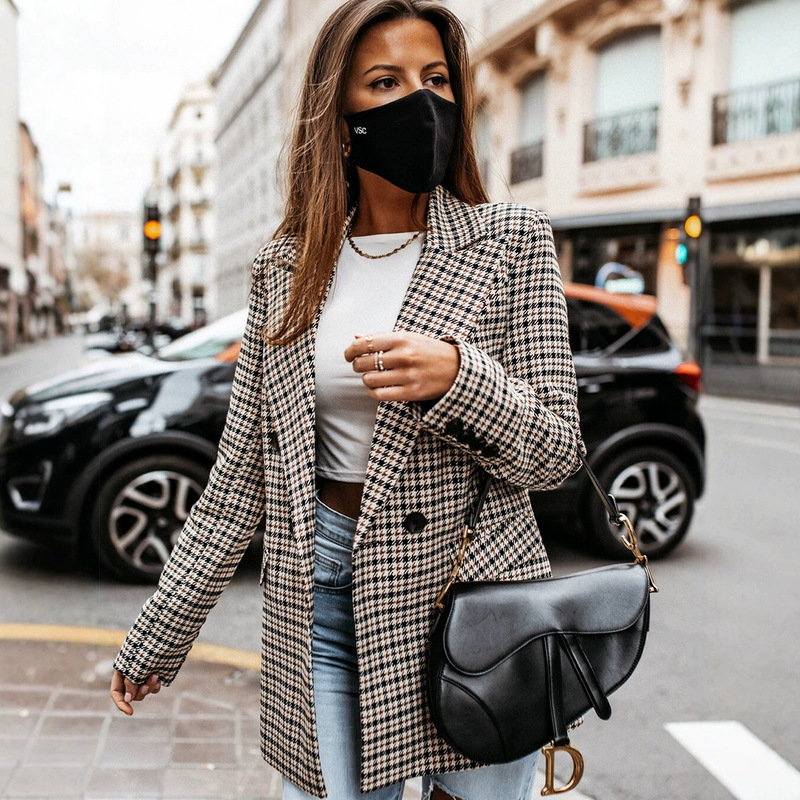 Autumn New Women's Fashion European and American Style Slim-Fit Plaid Blazer Long-Sleeve Jacket with Suit Collar Straight-Cut Street-Style Top Autumn New Women's Fashion European and American Style Slim-Fit Plaid Blazer Long-Sleeve Jacket with Suit Collar Straight-Cut Street-Style Top