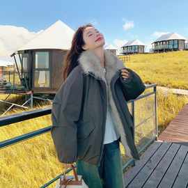 覆古韩系羊羔毛羽绒服女冬季新款小个子宽松加绒加厚90白鸭绒外套