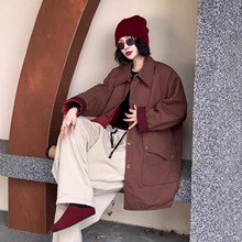 新品复古翻领风衣洋气中长款开衫棉服撞色棉衣外套女
