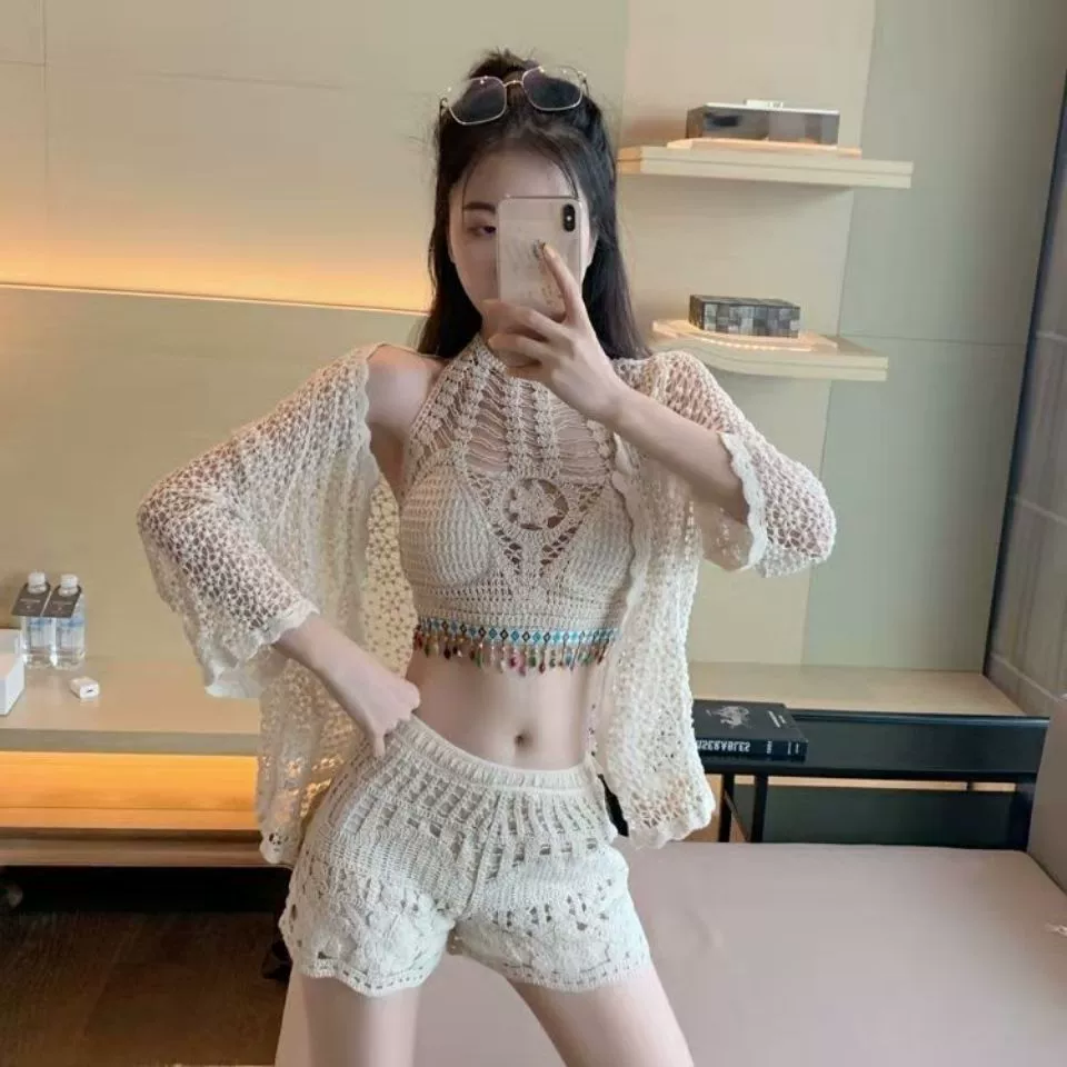 Set, cardigan, swimwear, shorts, 3 piece set, lifting effect, western style