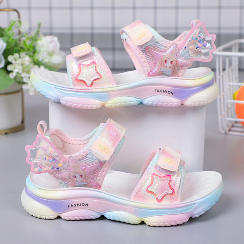 Children's Sandals Little Girls Summer Sports Running Breathable Beach Fashion Princess Pentagram  Soft Bottom