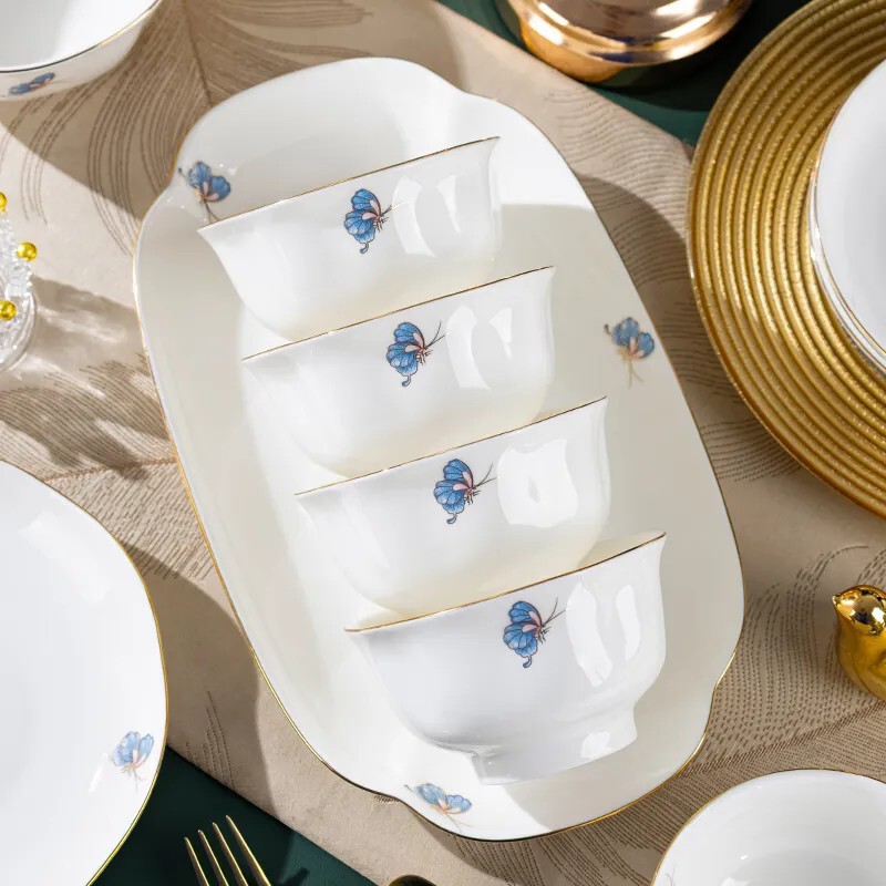 Ceramic Bowl Modern Light Luxury Butterfly Pattern Household Tableware Fresh Bowl and Plate Set High White Bone China Bowl and Plate Set Light Feather Design