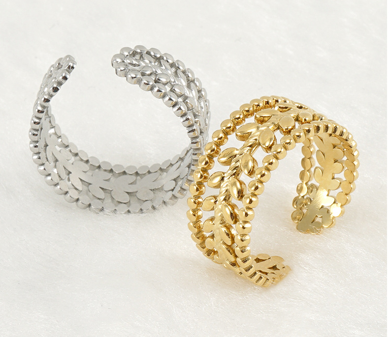 5g Weight PVD Coated Gold Plating Process Fashion Leaves Titanium Steel Open Ring Plating Stainless Steel Rings
