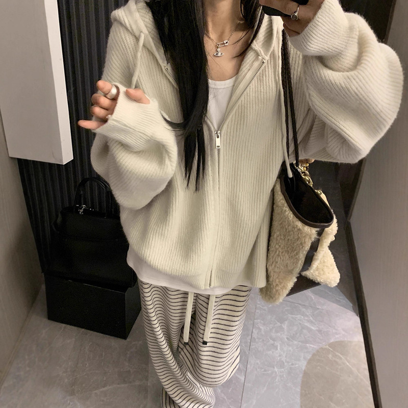 韩系宽松连帽拉链开衫秋冬毛衣女2025新款慵懒高级感针织卫衣外套|undefined