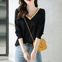 纯棉螺纹拼接t恤女2024秋季V领黑色套头长袖打底衫上衣女气质优雅