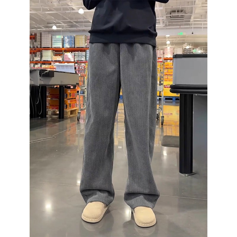 Dark Gray Heavyweight Herringbone Pants Men's Autumn and Winter Fleece-Lined Thick American Sweatpants Loose Knitted Scimitar Casual Pants