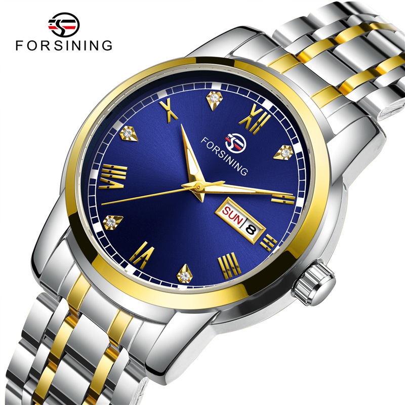 Forsining Fusini 8221 correa de acero reloj casual para hombres reloj mecánico automático calendario semana reloj