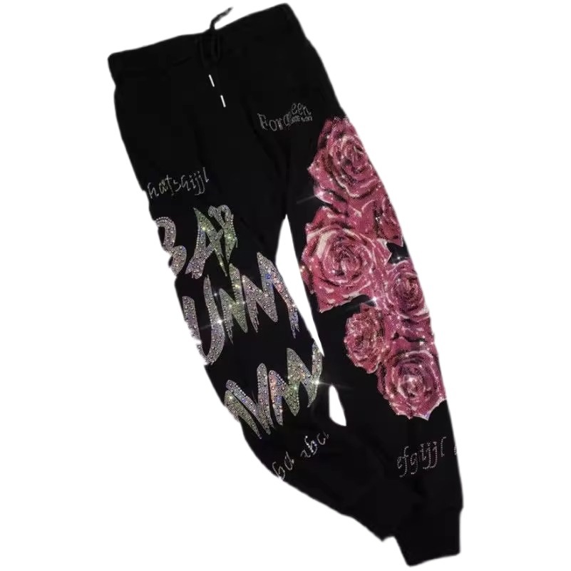 Tamaño extra grande 1,00 kg-150,00 kg grasa m nuevos pantalones de chándal de diamantes de imitación de alta resistencia Flor de lujo ligero para mujer cintura alta adelgazante Pantalones deportivos atados al tobillo