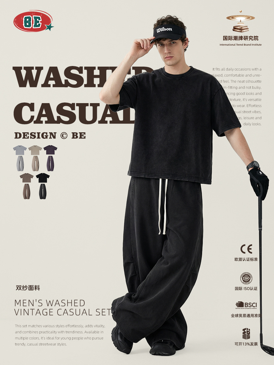 Be Hombres| Retro americano lavado en agua camiseta de mangas cortas cimetiera pantalones rectos BOXY dos piezas para hacer viejo conjunto casual