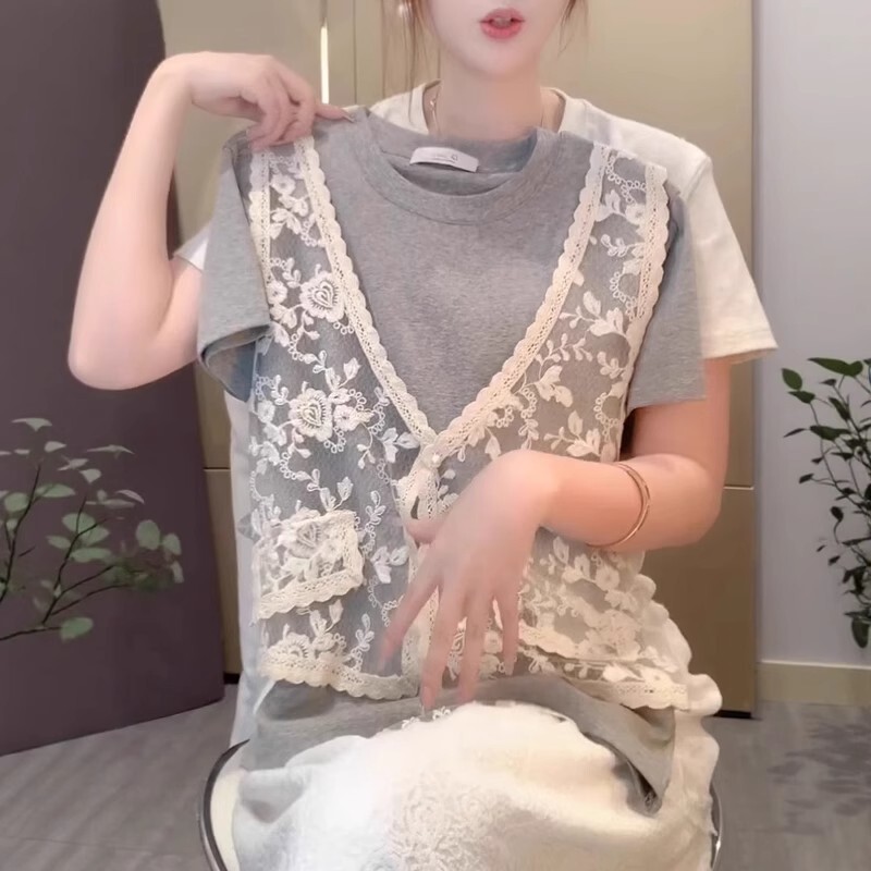 レース刺繍ステッチフェイクツーピースTシャツレディース夏のファッショナブルなデザインスリムで多用途のカジュアル半袖トップトレンディ|undefined