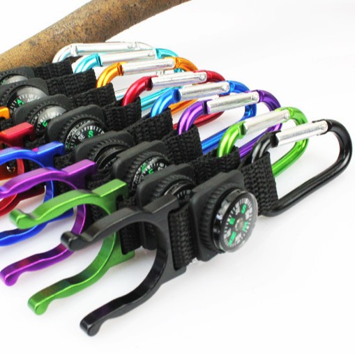 Botella de agua hebilla de agua mineral hebilla rápida colgando con brújula botella de agua hebilla mosquetón colgando hebilla equipo color completo