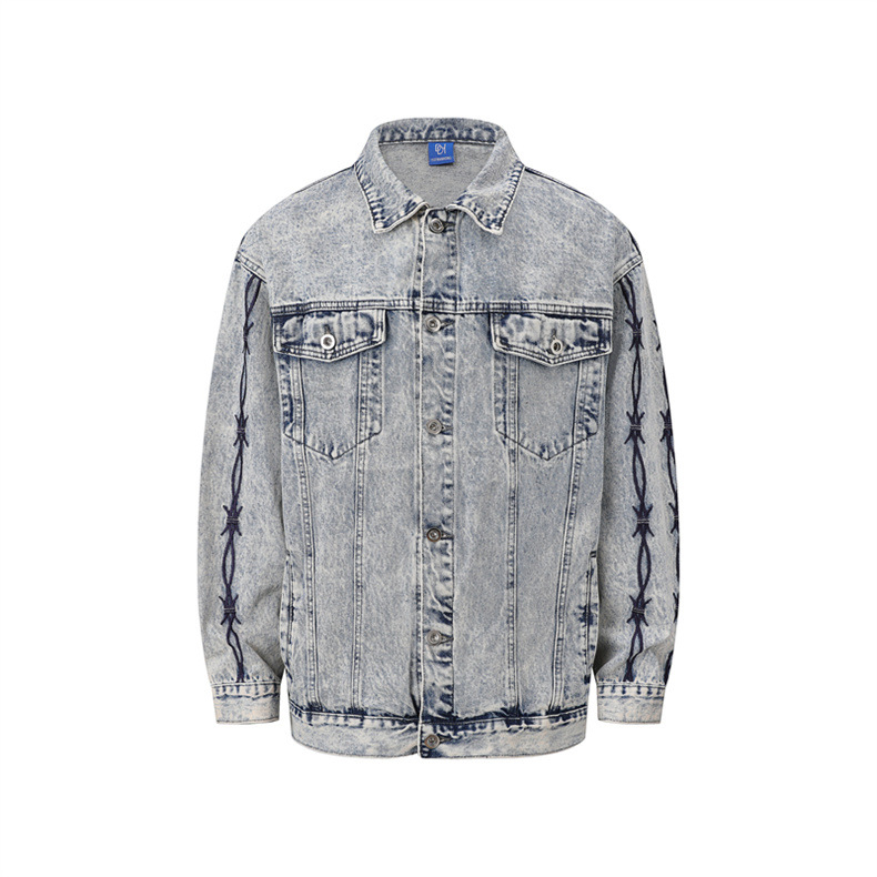 Men's Clothing Retro Style White Distressed Men's Jacquard Personalized Denim Jacket, Straight And Wide, Loose And Comfortable Outerwear, Denim Jacket_voghion.com