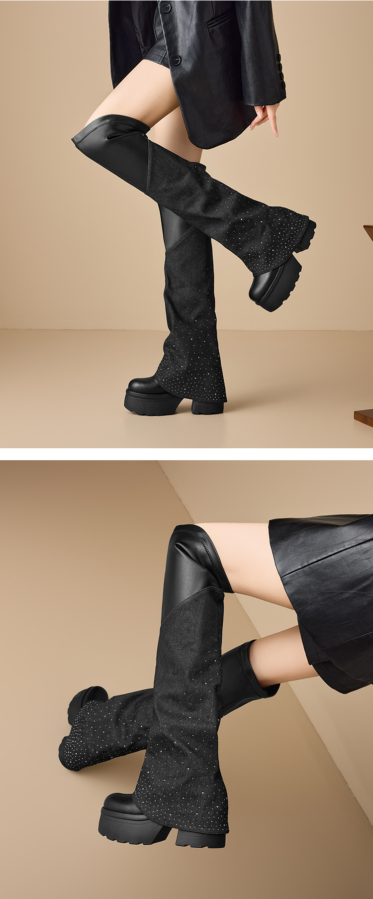 Boot nữ cổ cao quá gối đế dày 12 cm mũi tròn chất nhung đen đính đá dài — nhung đen chi tiết 4