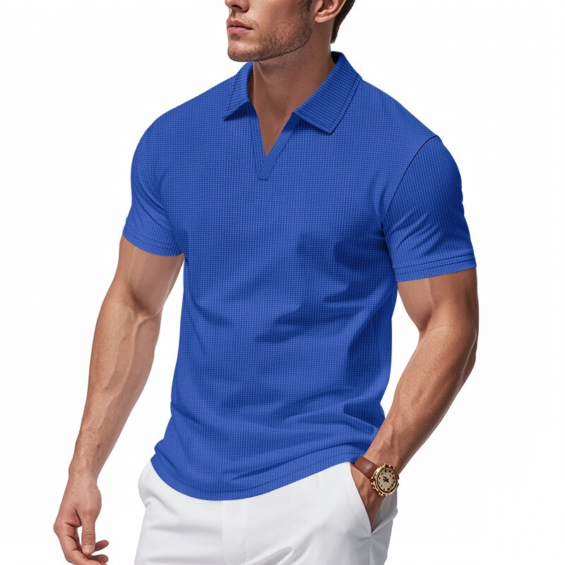Cross-Border American-Style Summer Men's Loose Casual Sports Jersey Shirt V-Neck Waffle Short-Sleeve Polo Shirt for Men