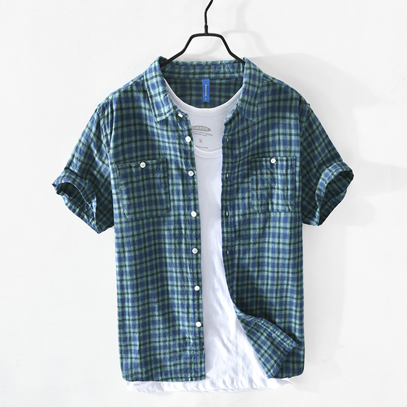 G205 summer trendy men's new casual plaid short-sleeved cotton shirt plaid shirt men's coat
