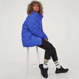 women puffer jacket秋冬蓝色拉链外套棉服立领棉衣防寒休闲百搭