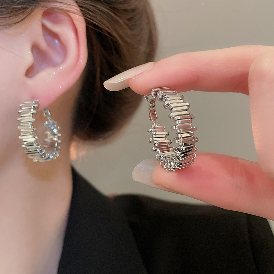 Pendientes ovalados simples de aguja de plata Pendientes de tendencia de personalidad transfronteriza europea y americana Pendientes de diseño de todo fósforo de nicho al por mayor