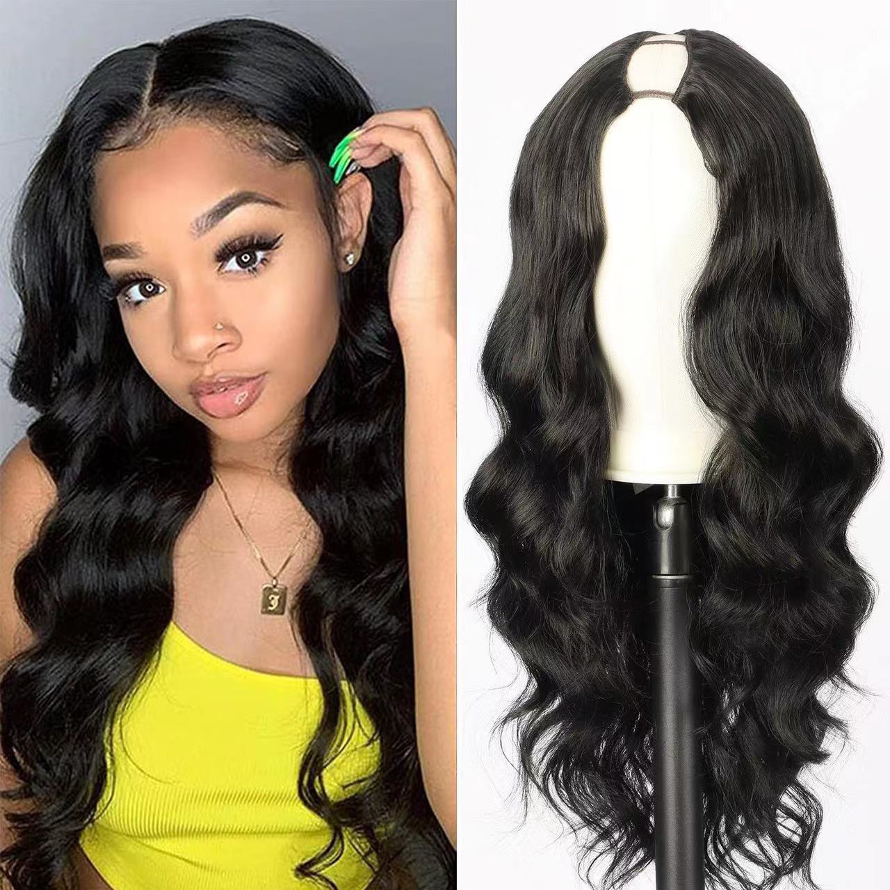 Long Wavy Synthetic V Shaped Half Head Wig Hair Extension_voghion.com