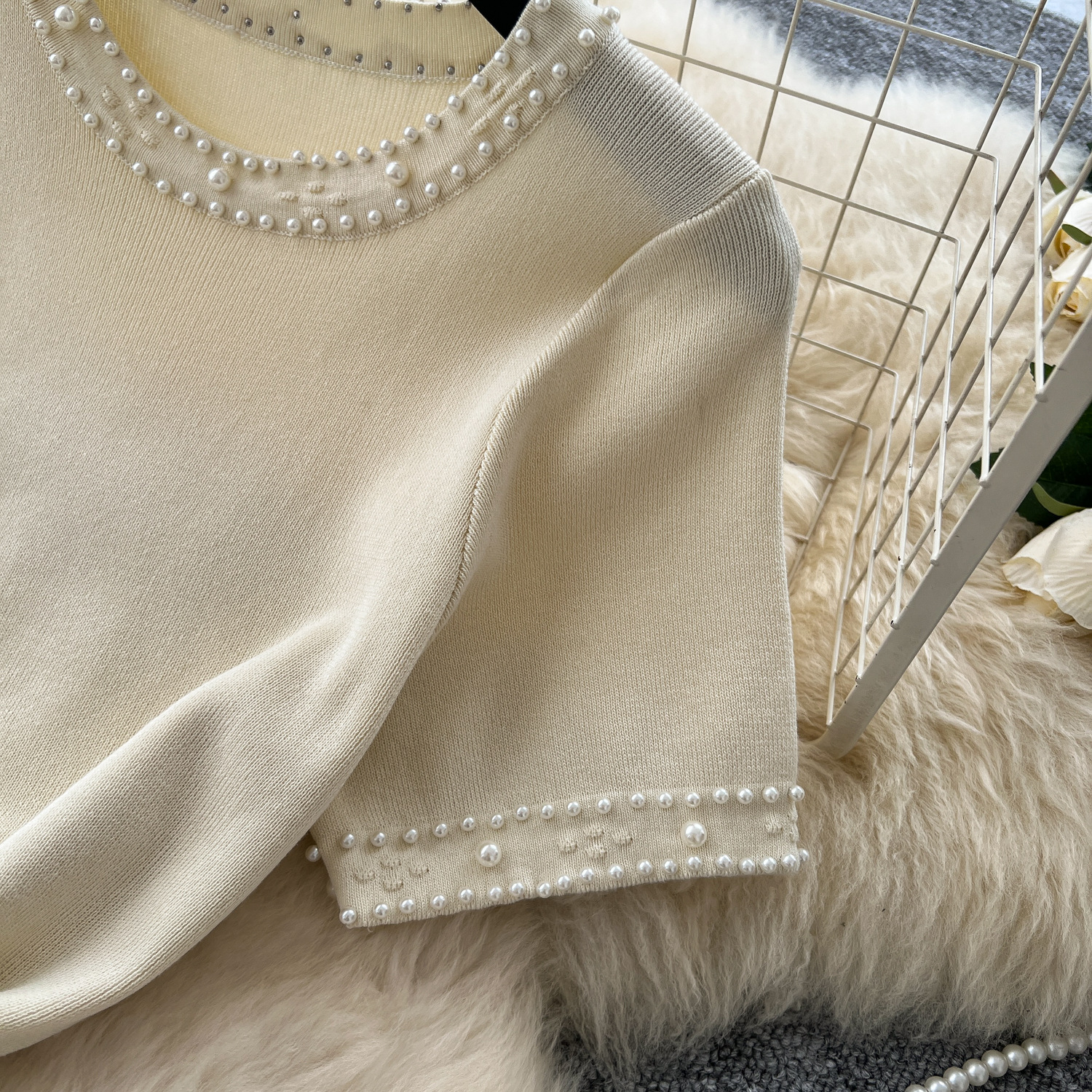 Women's French Style Beaded round Neck Short Sleeve Knit Dress Elegant Slimming Inner Sweater Dress_ecoleips.com