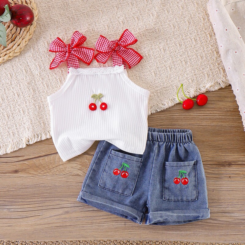 New Cross-Border Girls' Summer Outfit: Cherry Embroidery Bowknot Tank Top + Pocket Denim Shorts Two-Piece Set