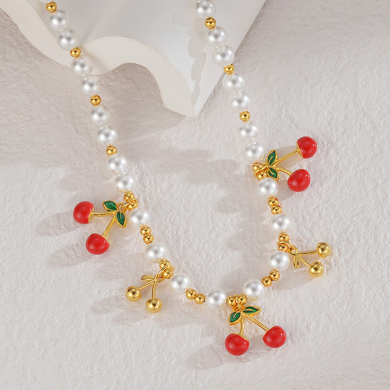 Cherry, Strawberry, chili Pattern Women's 304 Stainless Steel Imitation Pearl Beaded Chain Cherry Strawberry Chili Multi Charms Necklace Imitation Pearl Jewelry