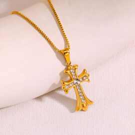 欧美跨境ins热卖十字架不锈钢18k电镀金色嘻哈百搭不褪色钛钢项链