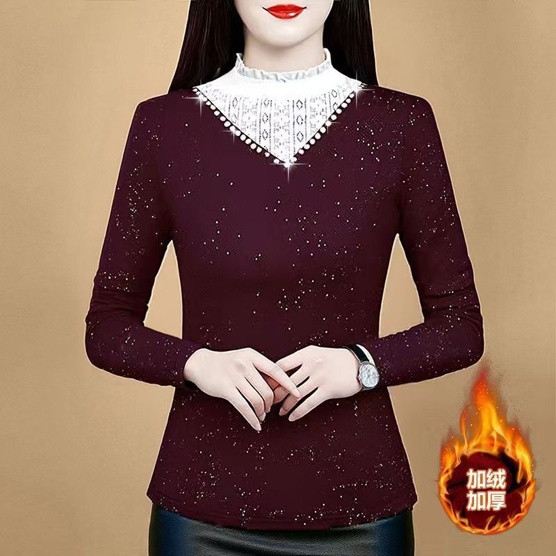 Velvet Half Turtleneck Long-Sleeved Women's T-Shirt Bottoming Shirt Women's Autumn and Winter New Lace Splicing Top with Inner Shirt