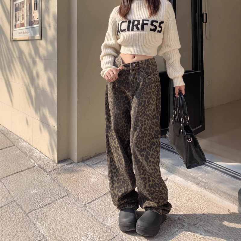 Retro Design High-Waisted Jeans for Women 2026 Spring and Autumn New Leopard Print Loose Casual Straight Wide-Leg Pants Retro Design High-Waisted Jeans for Women 2026 Spring and Autumn New Leopard Print Loose Casual Straight Wide-Leg Pants