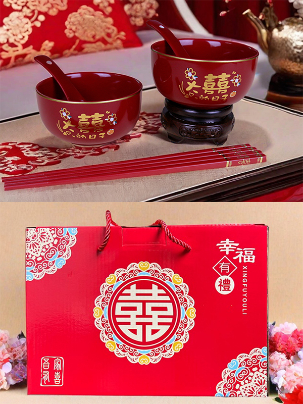 結婚式の陶器のウェディングボウル新郎新婦の贈り物ティーカップ赤いボウルと箸とスプーンセット結婚式のウェディング用品|undefined