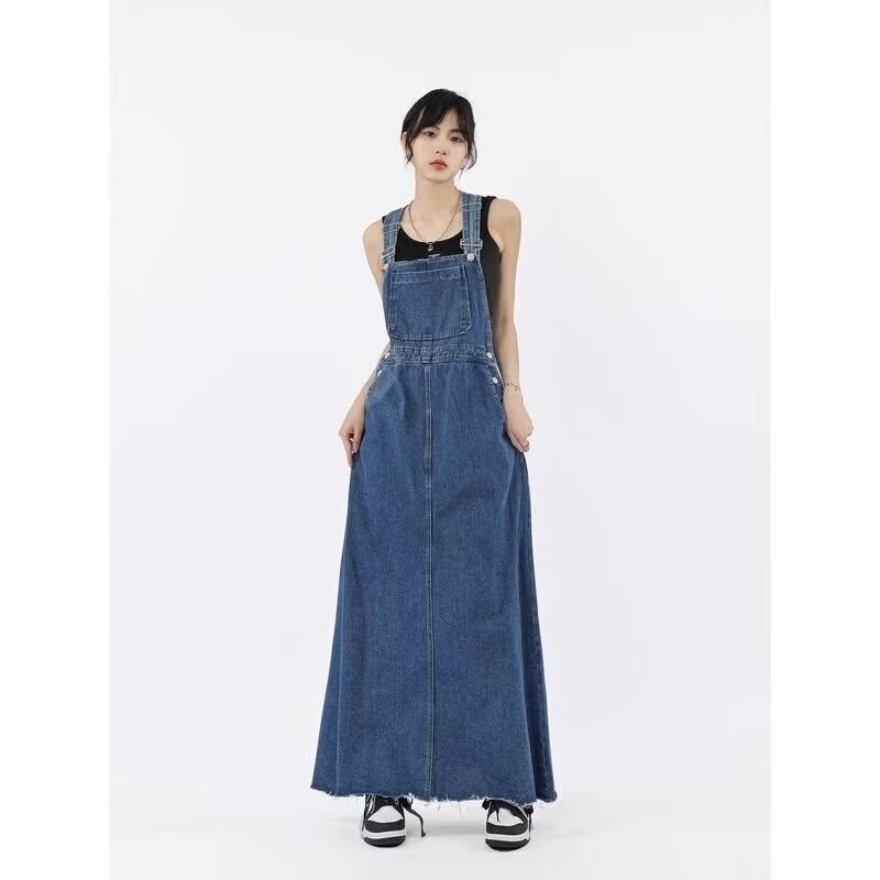 Women's Spring and Summer New Korean-style Denim Strap Skirt with Rap Edge Niche Design Sense Loose Long Sling dress Trendy