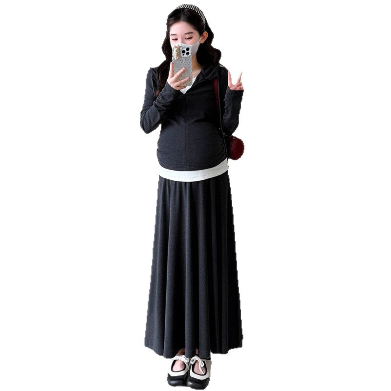 2025秋季新款显瘦慵懒风松弛感假两件上衣+半身裙+阔腿裤孕妇套装|undefined