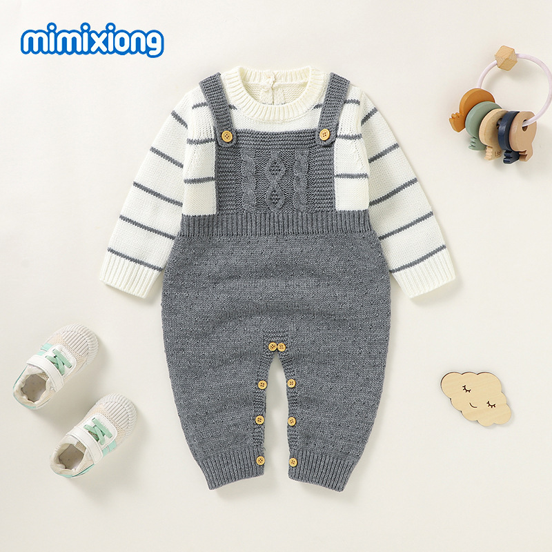 ins热卖新款婴幼童针织条纹假两件哈衣爬服|undefined