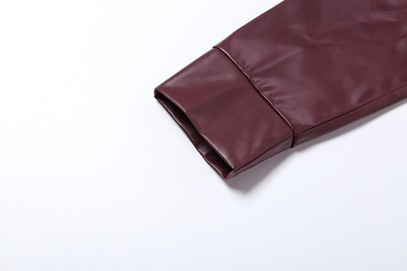 Autumn Winter Collared Zipper Solid Color Casual Poly Urethane Leather Stitching Long Sleeve Coat