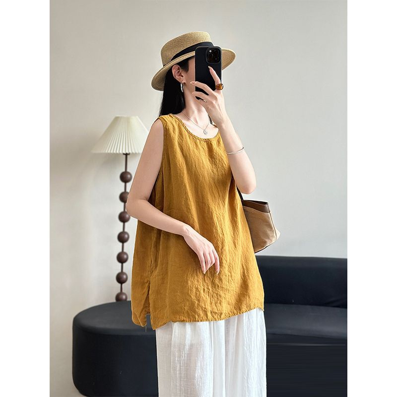 High-End Cotton and Linen Sleeveless Vest for Women, Summer Thin Style, Casual Outerwear, Plus-Size Loose Fit, Slimming Linen Top High-End Cotton and Linen Sleeveless Vest for Women, Summer Thin Style, Casual Outerwear, Plus-Size Loose Fit, Slimming Linen Top