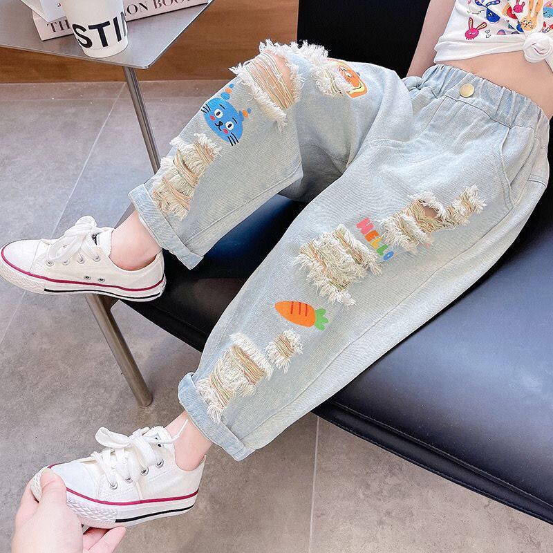 Girls' Jeans Summer 2025 New Style Children's Graffiti Ripped Casual Pants Thin Summer Pants for Boys and Girls