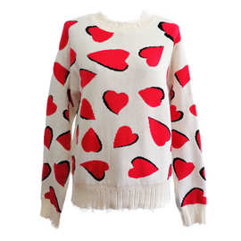秋冬新款红色爱心套头针织毛衣女中长款破洞毛须时尚宽松外穿上衣