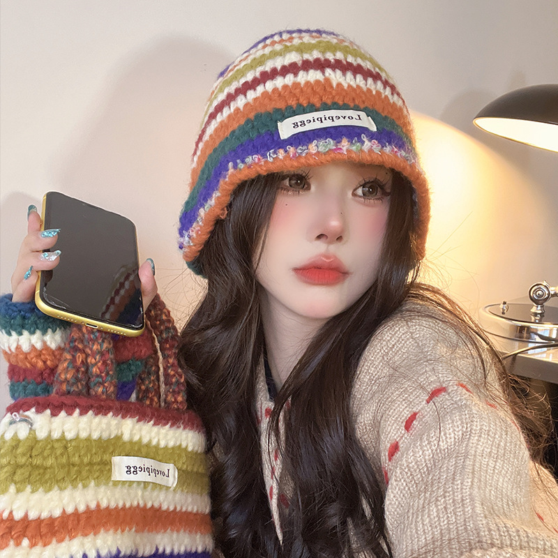 Autumn Winter New Warm Knitted Retro Rainbow Wool Korean Ins Trend Bag Gloves Hat Three-piece Set_voghion.com