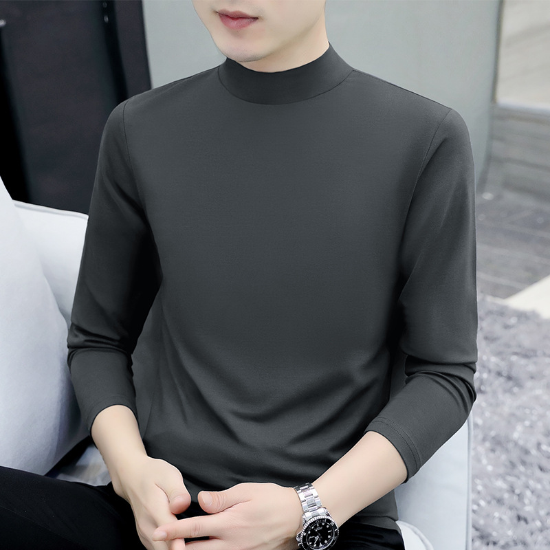 Autumn and winter 95 cotton solid color long sleeved T-shirt men's base shirt mid neck warm clothing_voghion.com