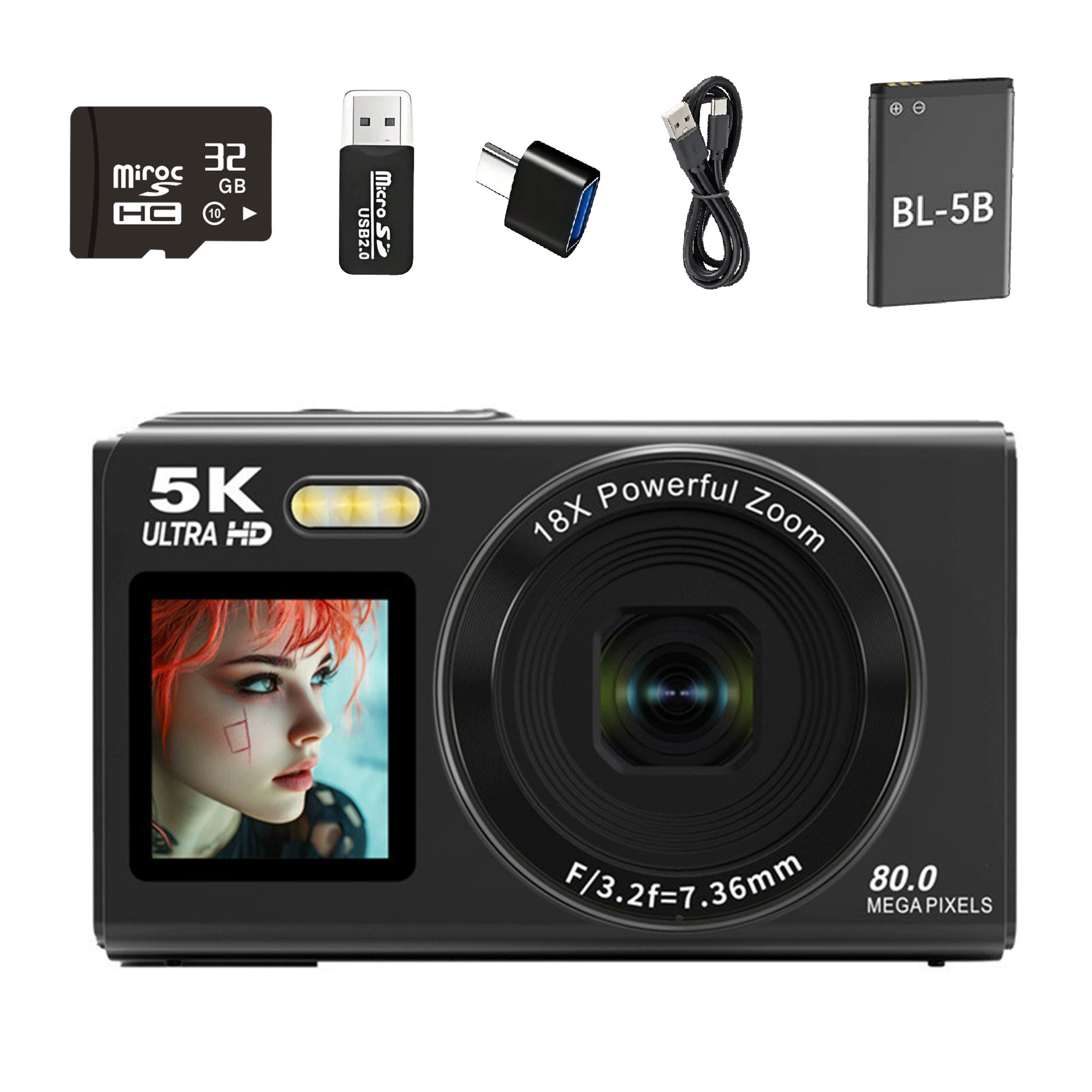 Цифровая камера ручная 5K Ultra HD, 18× зум, 80 Мп, компактная 21×15×10 см
