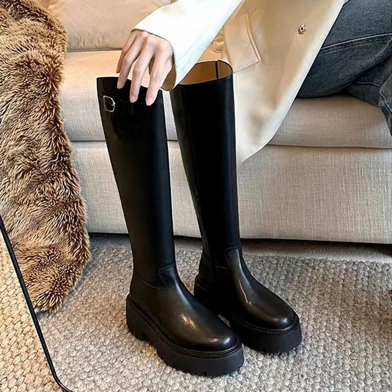 Uva mamá 2023 Otoño e Invierno Nuevo tacón grueso de suela gruesa pequeñas botas altas cremallera lateral botas de montar a la rodilla para las mujeres