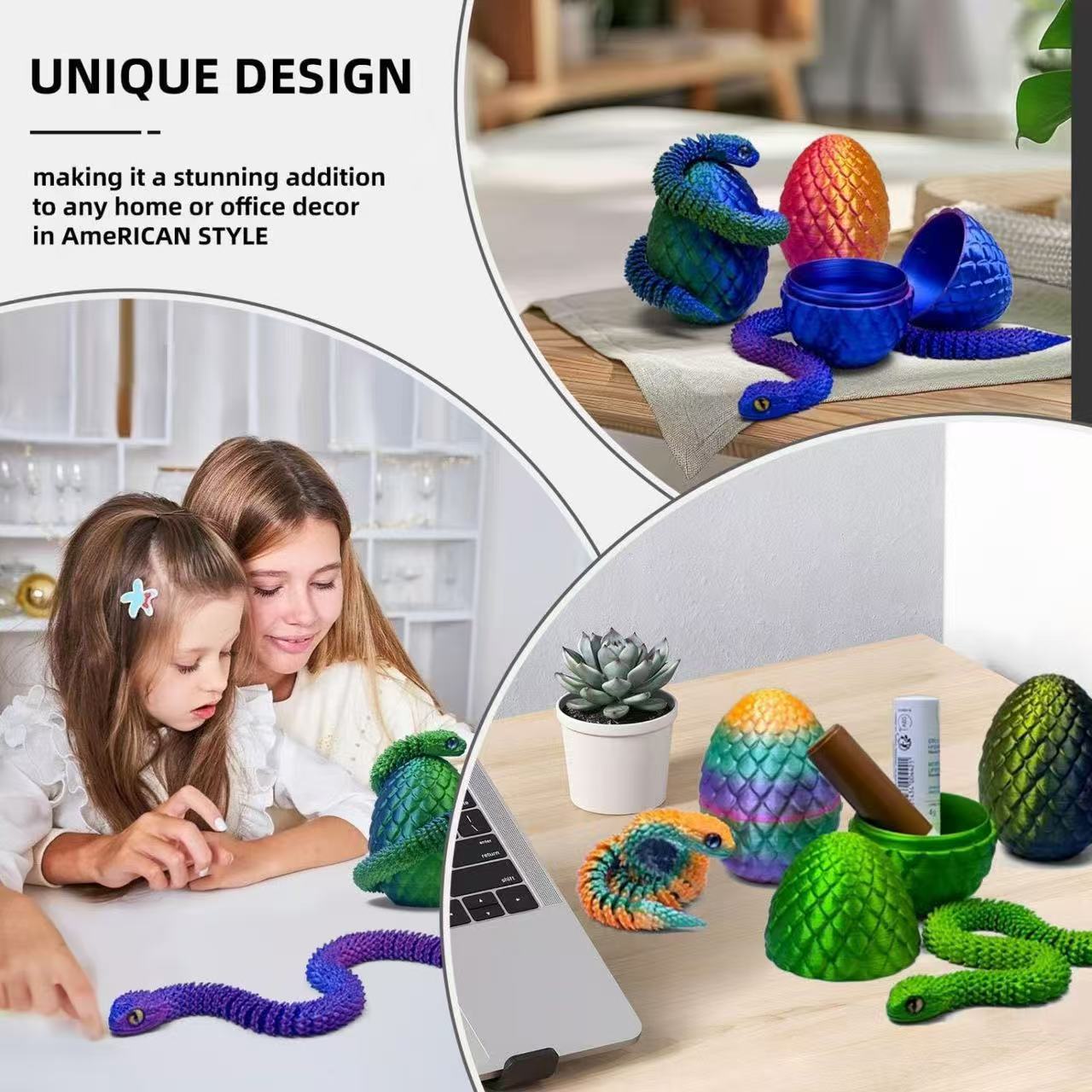 跨境3D打印蝰蛇蛋套装桌面摆件儿童玩具关节可以活动玩具小蛇装饰